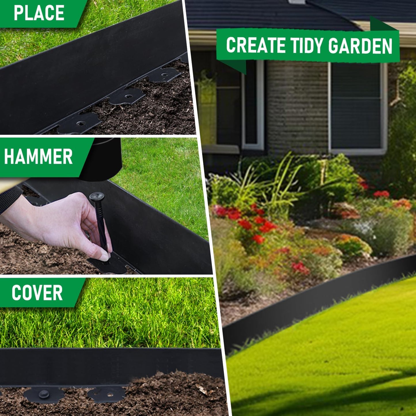 Hugeleaf Landscape Edging Border 60 Feet with 72pcs Spikes, 4inches Flexible Plastic Garden Edging for Landscaping, Lawn, Flower Bed, Yard(Black)