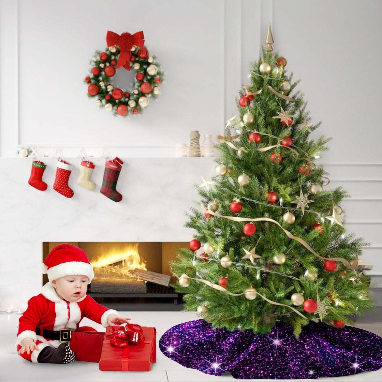 Purple Xmas Tree Skirt 36 Inch Sequins Christmas Tree Skirt Halloween Tree Skirts Velvet Xmas Tree Mat Unique Round Tree Collar Skirt Glitter Sequin Tree Cover for Christmas Halloween Party Decor