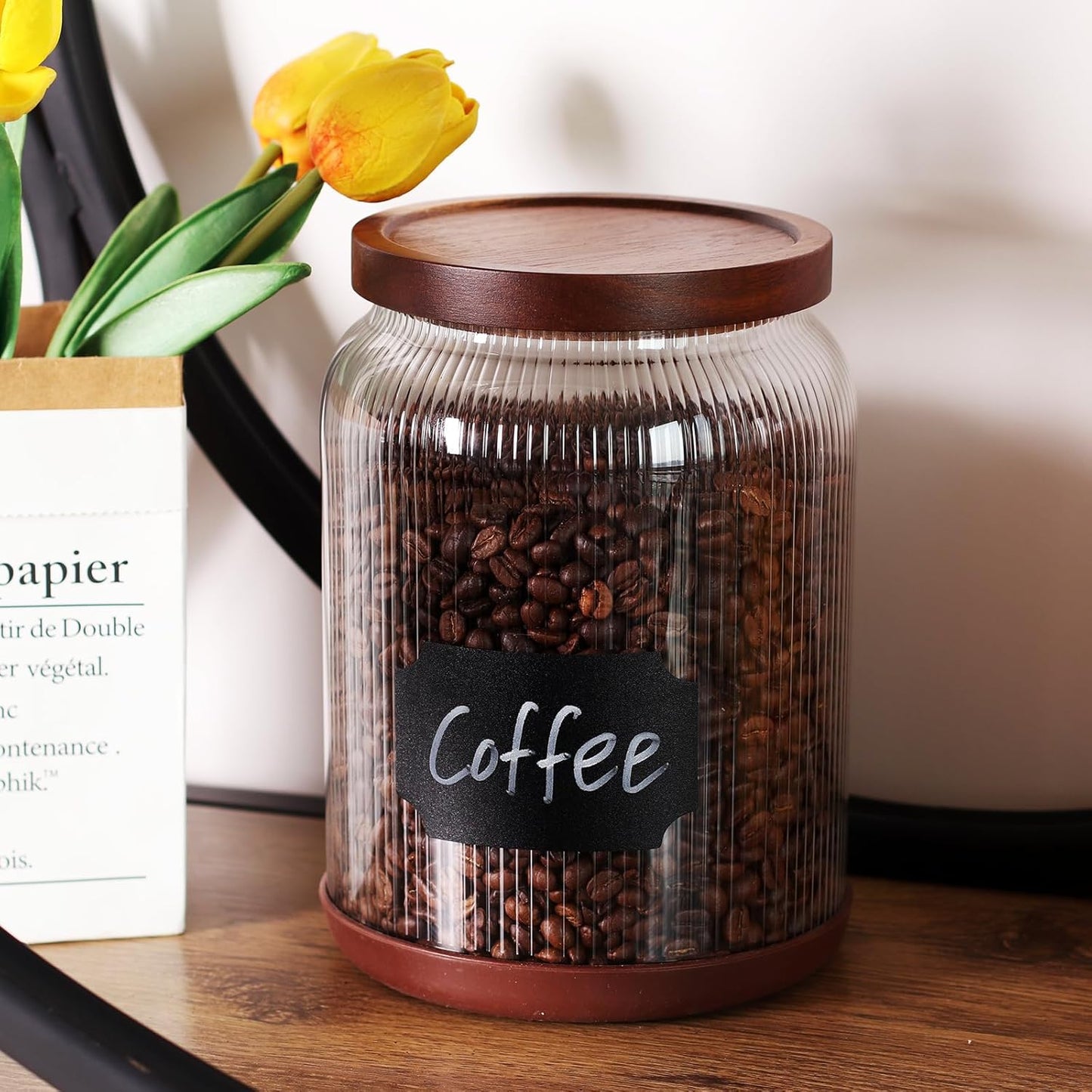 SAIOOL 2-Pack Striped Borosilicate Glass Airtight Canisters - Big mouth Large Capacity, Acacia Wood Lid, Food Storage Jars for Flour, Pasta, Pantry Organization (3/4 Gallon (2 Striped pack))