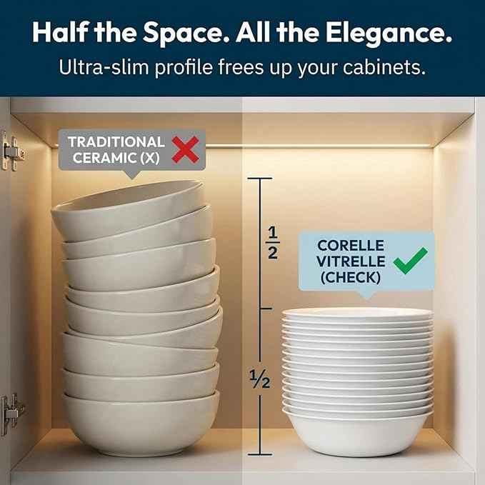 Corelle Vitrelle 6-Piece Bowl Set Triple Layer Glass and Chip Resistant, 20-Oz Lightweight Round Bowls, Winter Frost White