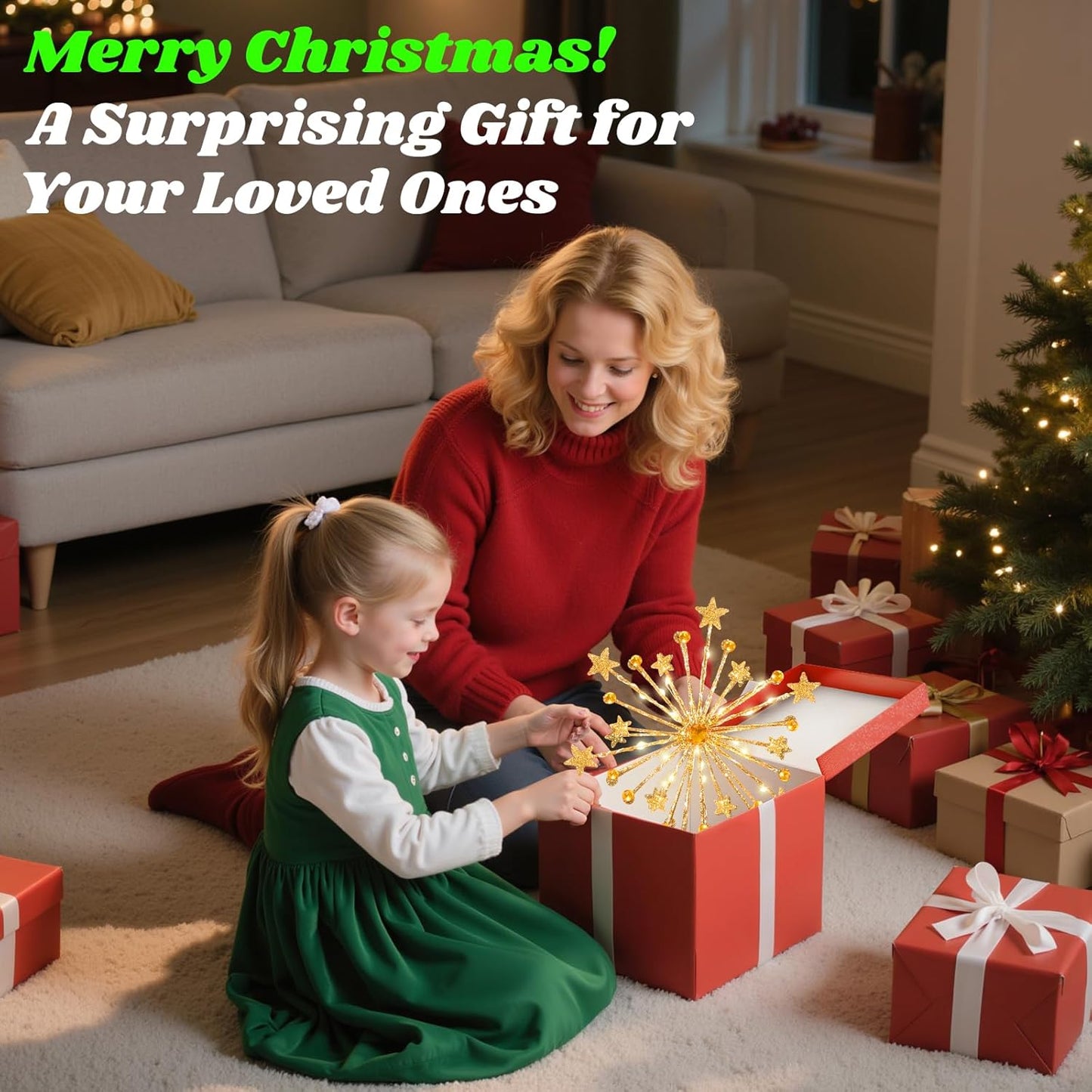 Lewondr Christmas Tree Topper, 13'' Metal Twinkly Xmas Starburst Tree Topper with 20 LED Bulbs, USB Powered Lighted Star Treetop for Christmas Ornaments, Remote Control, 6H Timer, 8 Light Modes, Gold