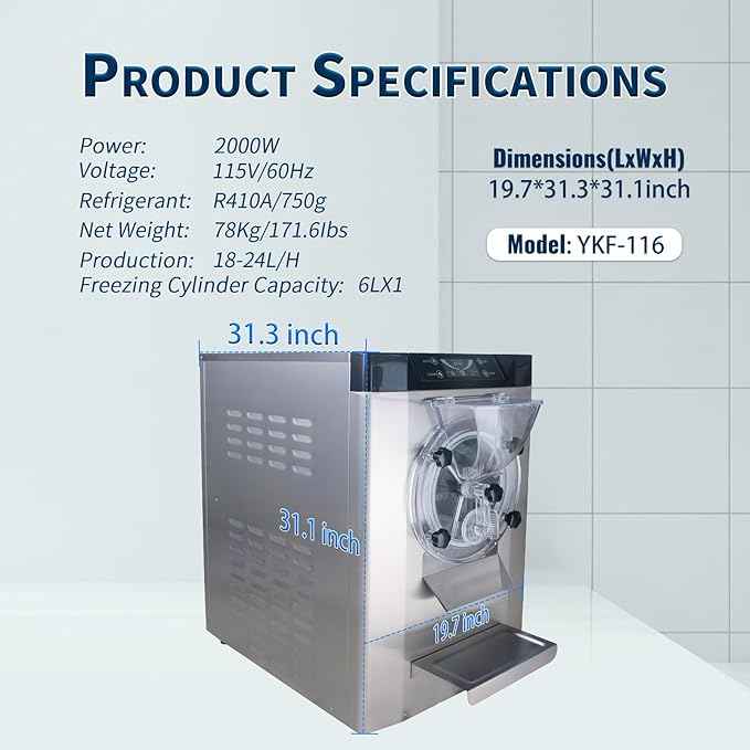 2000W Commercial Hard Ice Cream Machine, 18-24L/H (6.3GPH) Capacity Suitable for Restaurant/Bar/Home, LED Display, 110V 60Hz
