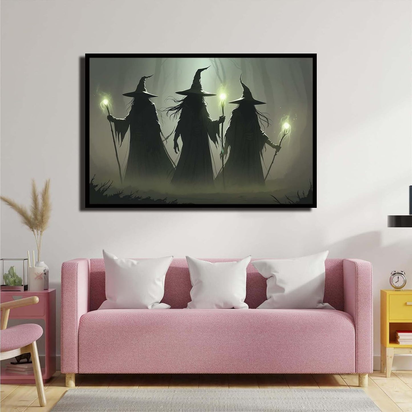JFHCQJPK Vintage 3 witches canvas wall decor melancholy dark Halloween poster wall decor holding a staff print Gothic horror Halloween painting print for living room bedroom16x24in Metal blackFramed