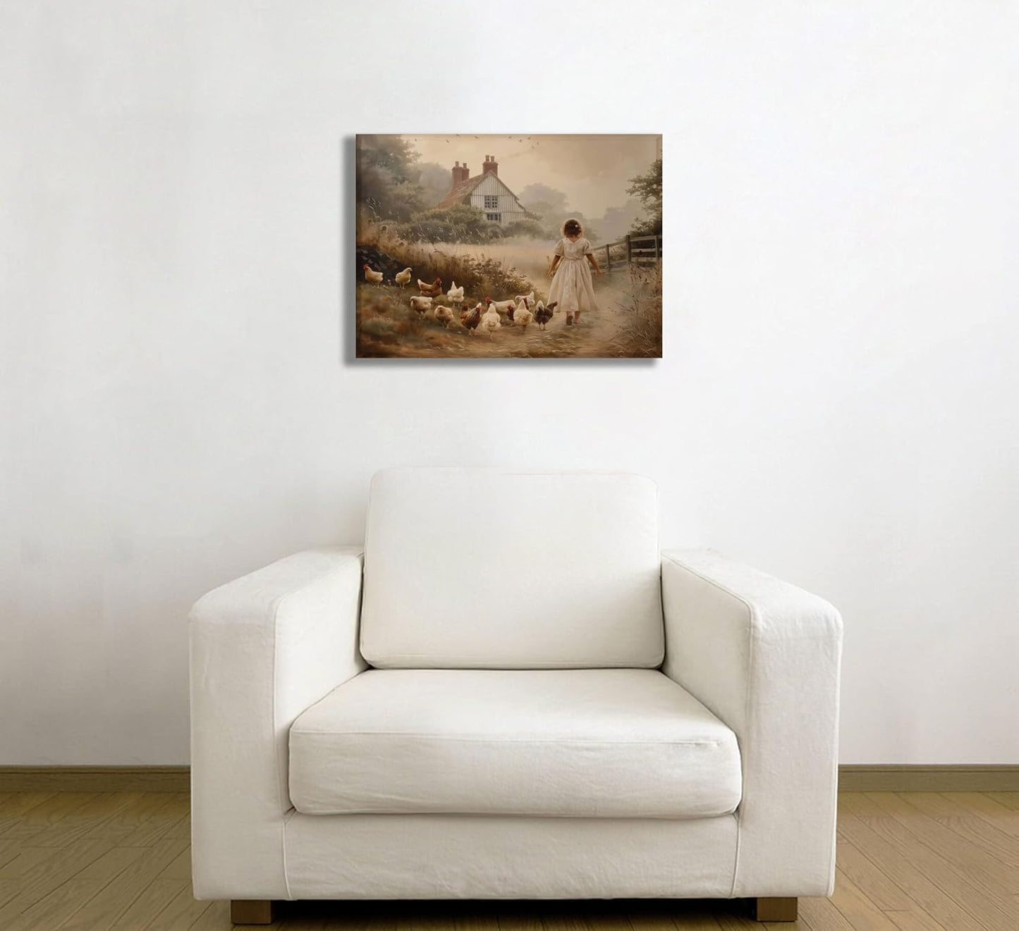Girl Farmhouse Wall Art Chicken Farm Canvas Rustic Country Poster Brown Chickens Picture Vintage Countryside Female Print Artwork Painting Farm House Wall Decor For Bedroom Living Room Framed