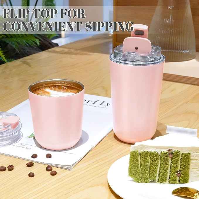 Puraville Insulated Tumblers with Lid, 10 oz Travel Coffee Mug Stainless Steel Vacuum Cup, Leak Proof Reusable Double Walled Coffee Tumbler for Iced and Hot Drinks, Pink