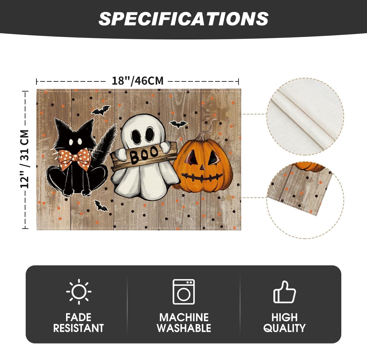 Artoid Mode Wood Polka Dot Ghost Cat Boo Halloween Placemats Set of 4, 12x18 Inch Seasonal Table Mats for Party Kitchen Dining Decoration