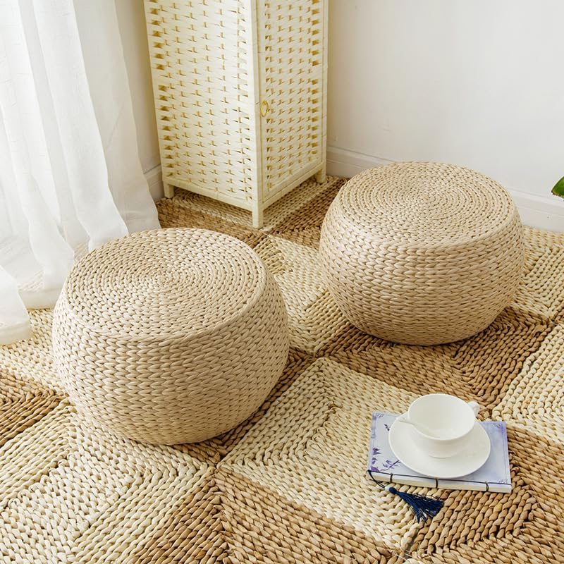 Solid Wood Straw Round Pouf Ottoman, Small Handwoven Boho Extra Seat, Low Tatami Ottoman Footrest for Living Room Bedroom Patio Garden (12.2"x12.2"x8.7")
