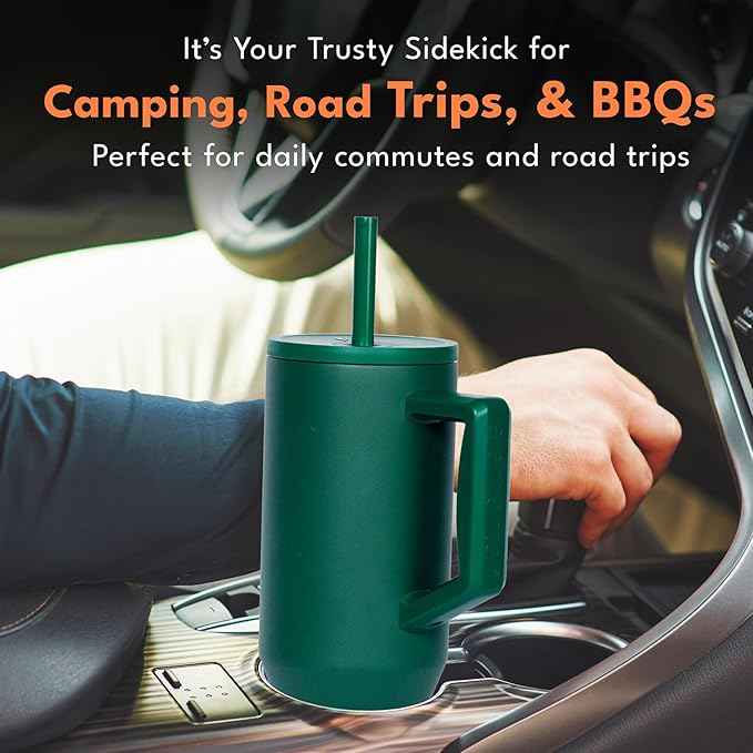 Elemental 40 oz Tumbler with Handle and Straw - Spill Proof Insulated Stainless Steel Commuter for Cold Beverages - Travel Coffee Mug with 2 Straws & Spill Proof Lid - 40oz - Forest Green