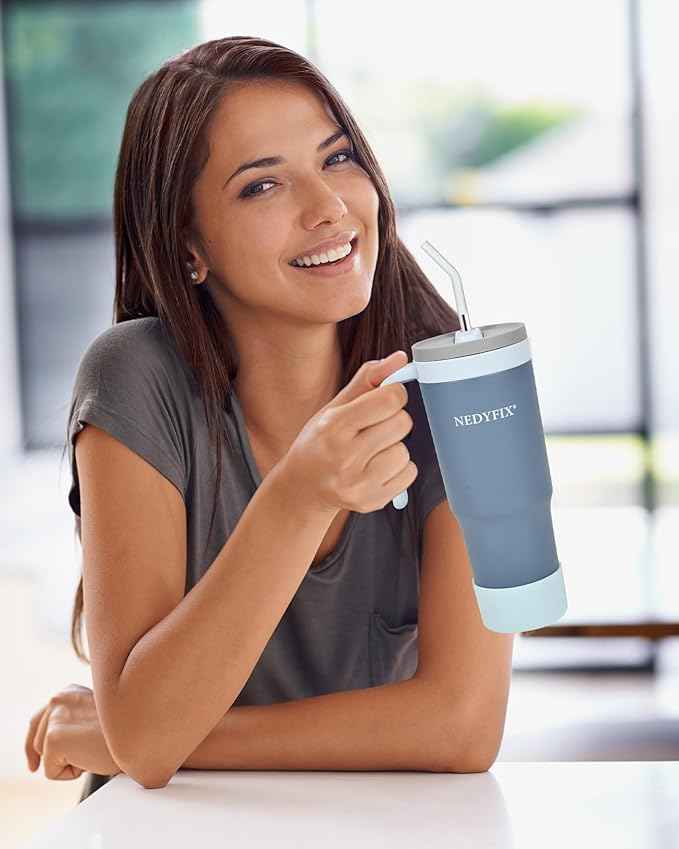 40 oz Tumbler with Handle and Straw Stainless Steel Water Bottle Car Cup Holder Friendly Travel Mug Cup-Dark Blue