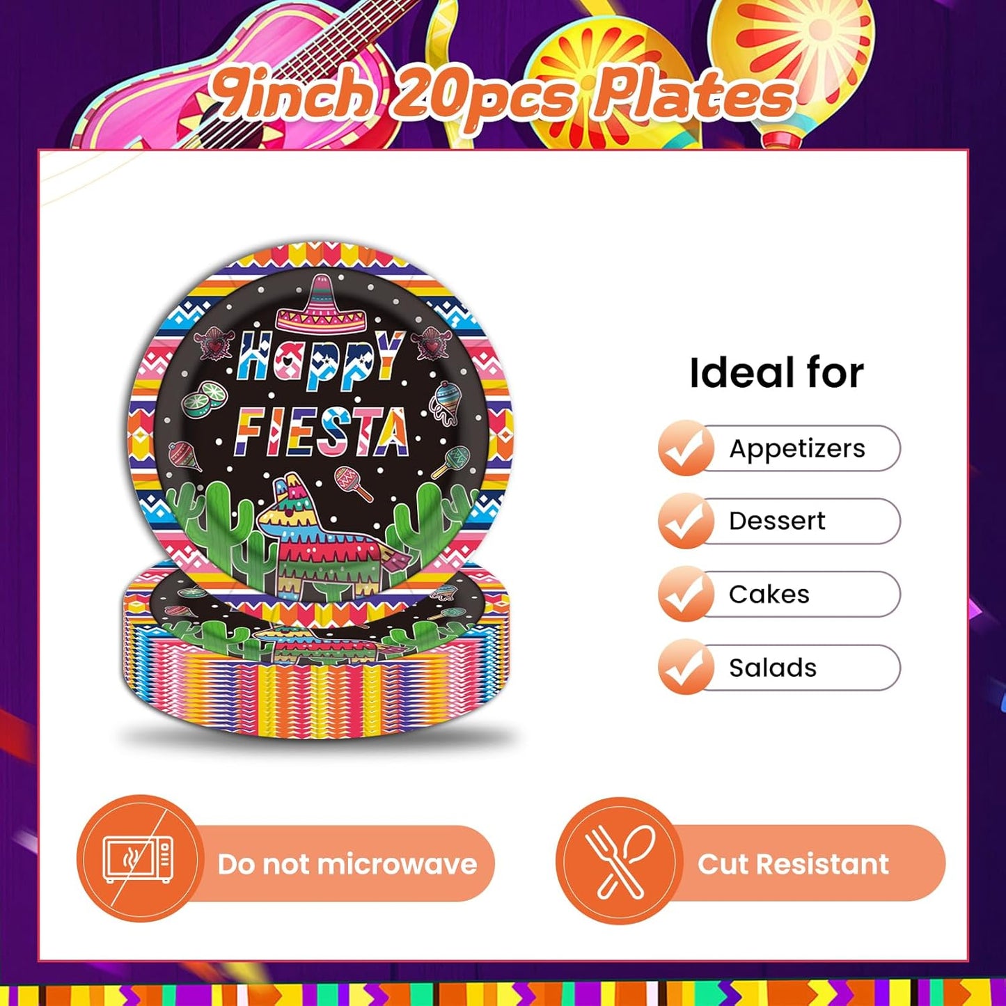Mexican Party Paper Plates and Napkins Disposable Fiesta Party Supplies 9 inch 20 pcs Dessert Cake Plates & 20 pcs Napkins Tableware for Fruit Cake Party Decorations
