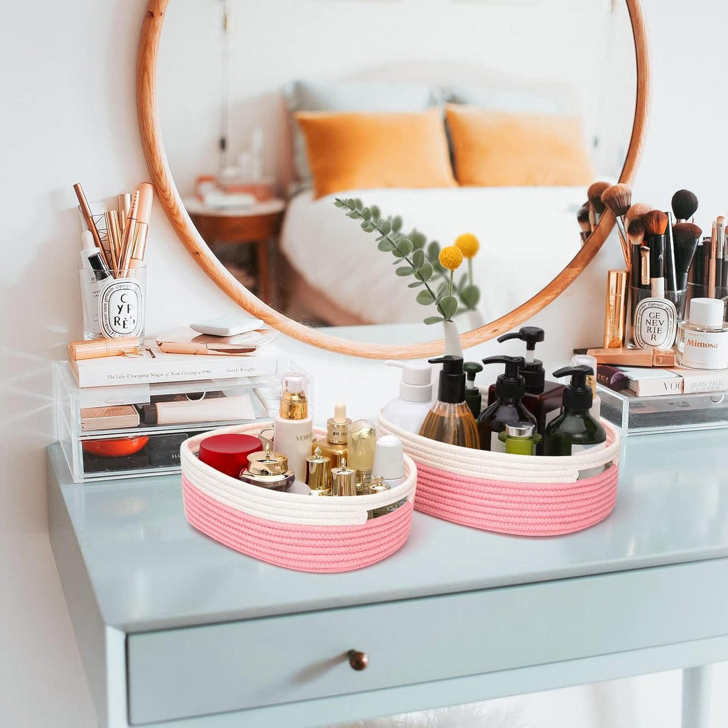 7 Piece Cotton Rope Woven Basket Set - Small Basket for Baby Nursery, Pets, Montessori, Dog & Cat Toy Boxes, Bathroom Organization Bins (White/Pink)