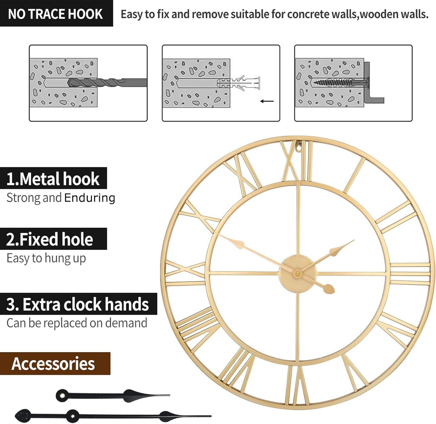 1st owned Large Wall Clock for Living Room Decor Silent Non-Ticking Decorative Wall Clock Roman Numerals Vintage Battery Operated for Kitchen Farmhouse Cafe Office Decor (Gold, 32 Inches)