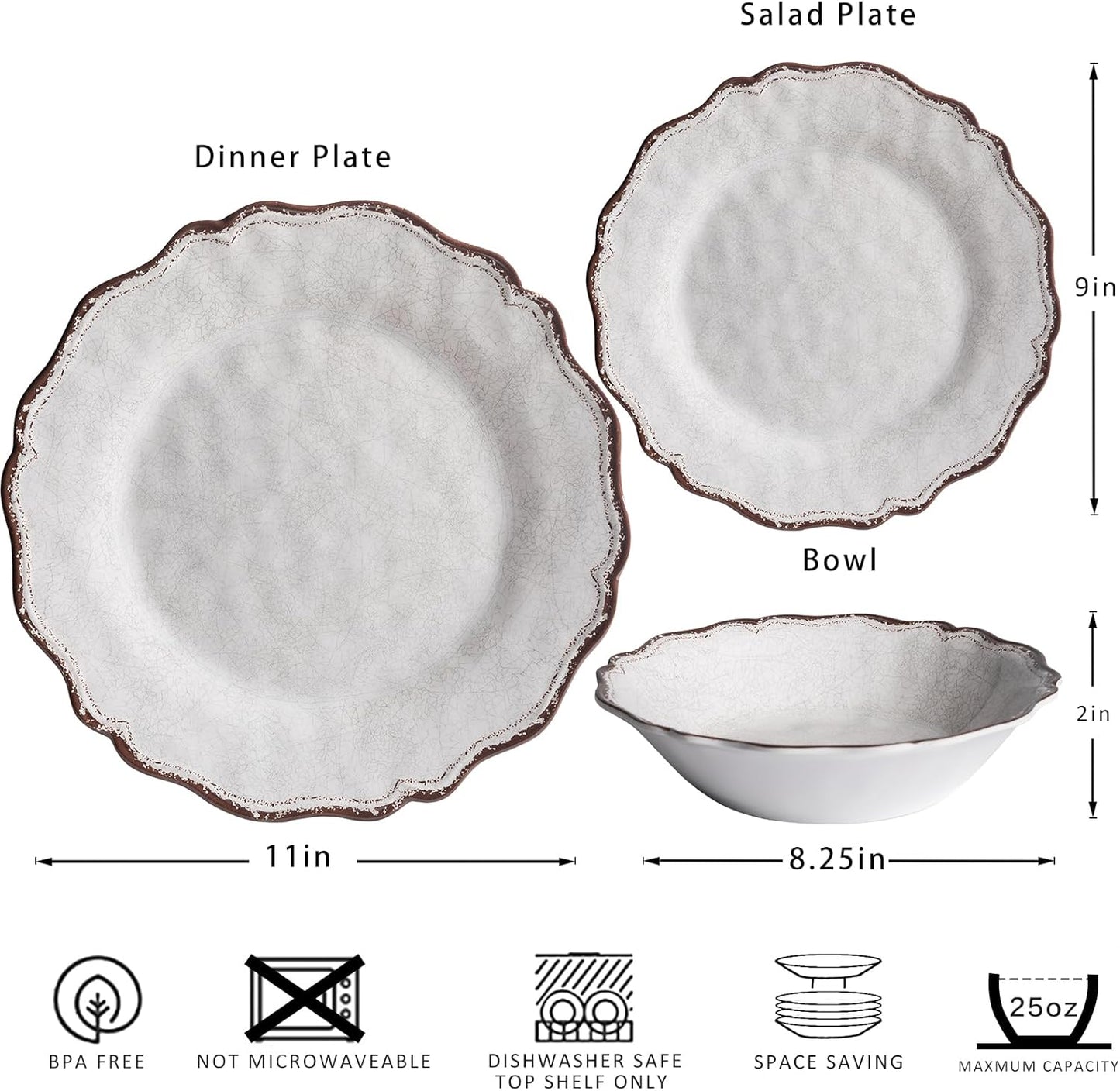 LEHAHA Farmhouse White Melamine Dinnerware Sets, 12 Piece Plates and Bowls Set, Perfect Weight and Unbreakable Camping Dishes Dinnerware Sets, Service for 4, Indoor and Outdoor Use, Dishwasher Safe