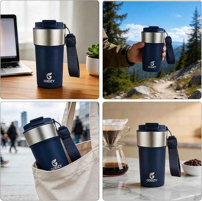 Insulated Coffee Mug, 17oz Stainless Steel Travel Mug with Flip-Top Straw Lid, Leak Proof Vacuum Insulated Tumbler, Reusable Coffee Cup for Hot & Cold Drinks, Dark Blue