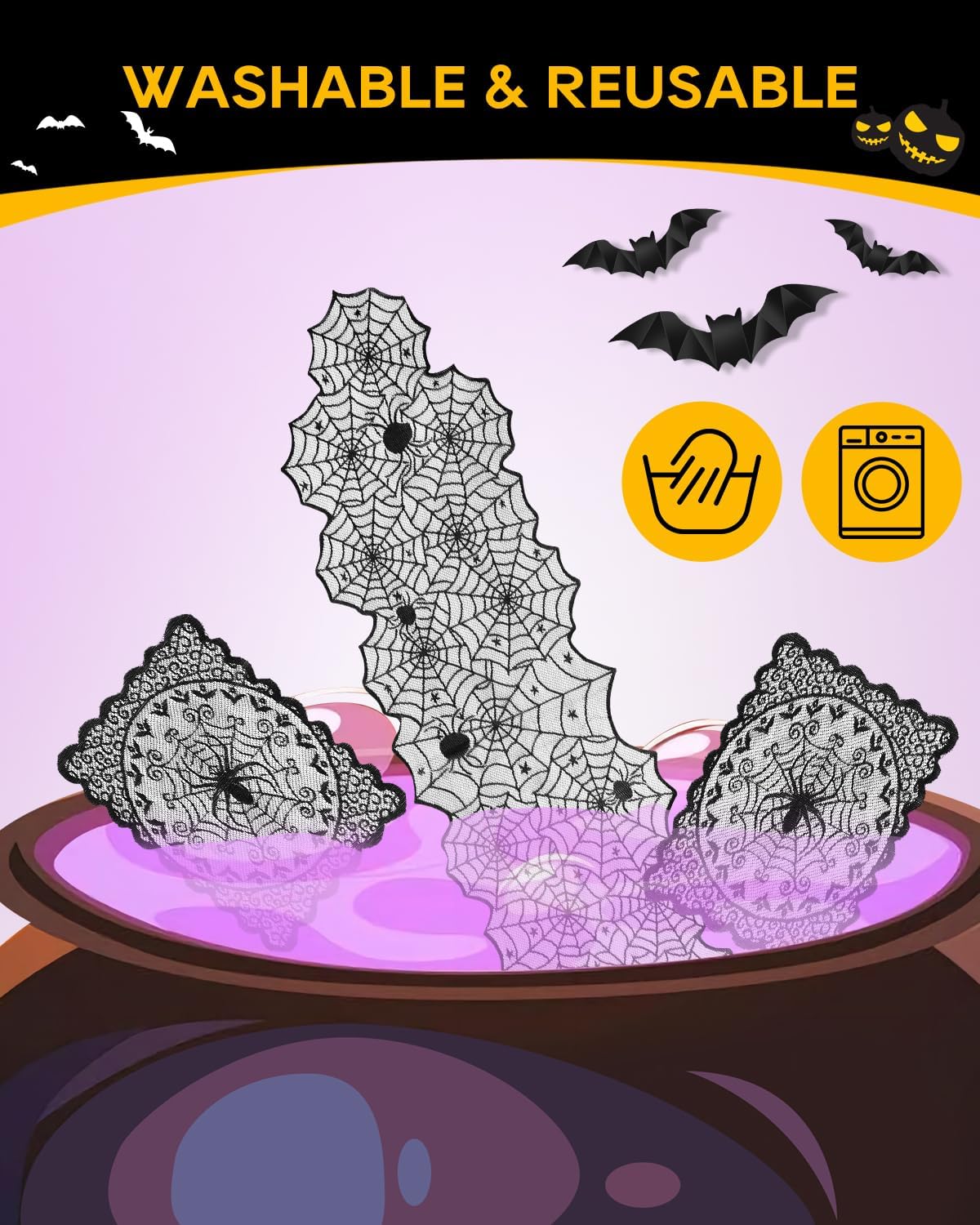 eZAKKA Halloween Table Runner with 4Pcs Placemat, Black Lace Spider Web Table Runners for Parties Gothic Spooky Home Decorations, 18 x 72 Inch