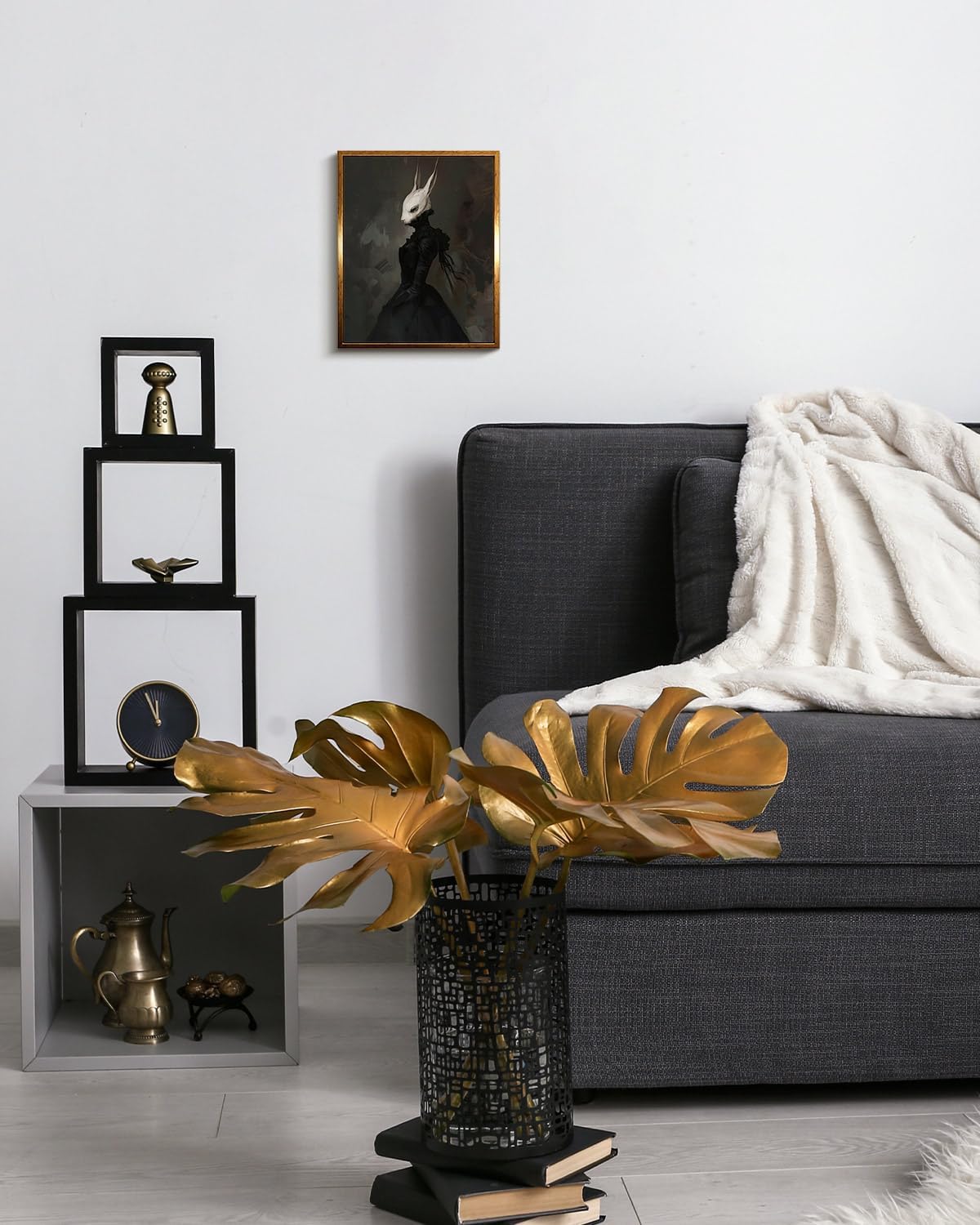 VIYYIEA Framed Canvas Wall Art Home Decor Gothic Room Decor Prints, Vintage Rabbit Lady Wall Decor, Aesthetic Dark Academia Halloween Wall Pictures Gold Framed Goth Artwork 9x11in