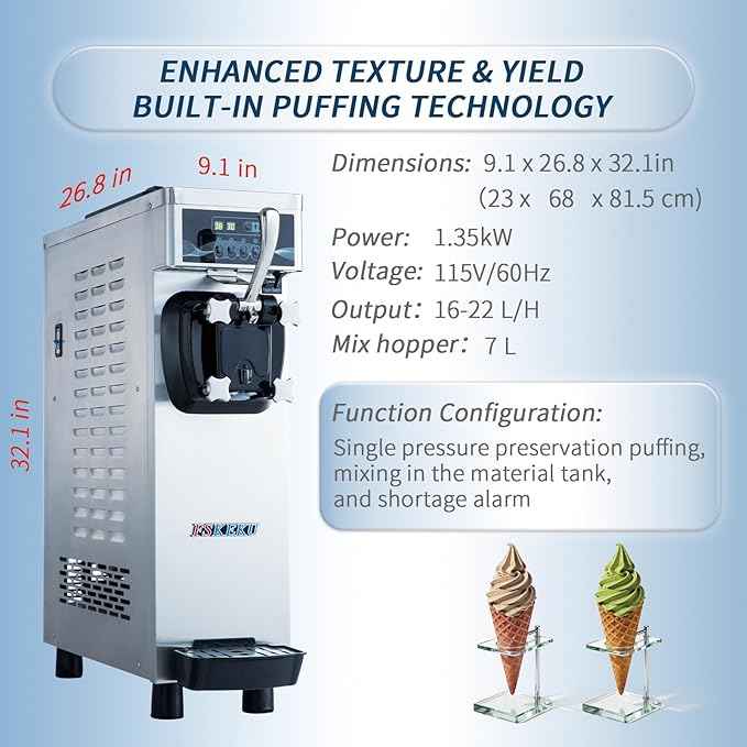 Commercial Ice Cream Machine, 1.35kW 16-22L/H Yield, Single Flavor Countertop Soft Serve Maker with 7L Hopper 1.7L Cylinder, Pre-cooling Puffing & Hopper Stirring, YKF-8116F