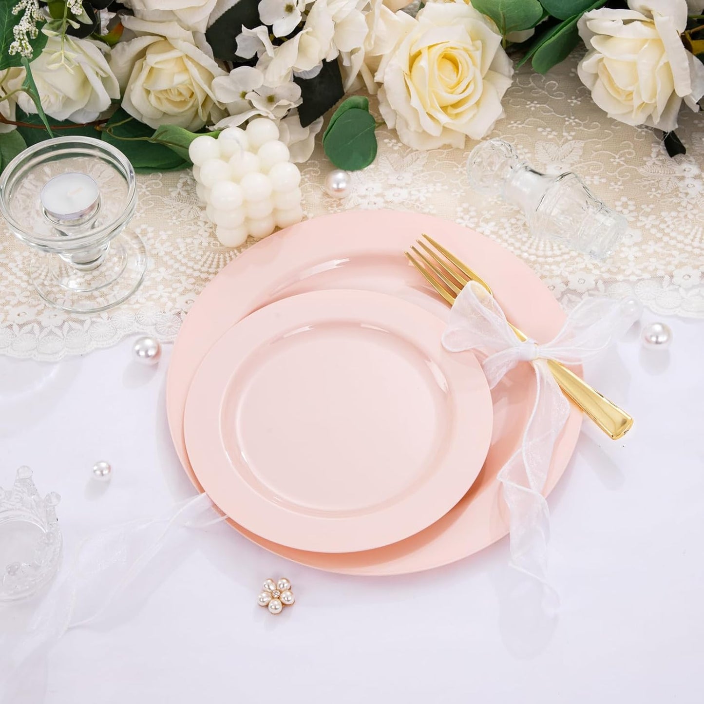 FLOWERCAT 60PCS Pink Plastic Plates - Heavy Duty Pink Plates Disposable for Party/Mother's Day/Wedding - serving 30 guests Include 30PCS 10.25inch & 30PCS 7.5inch