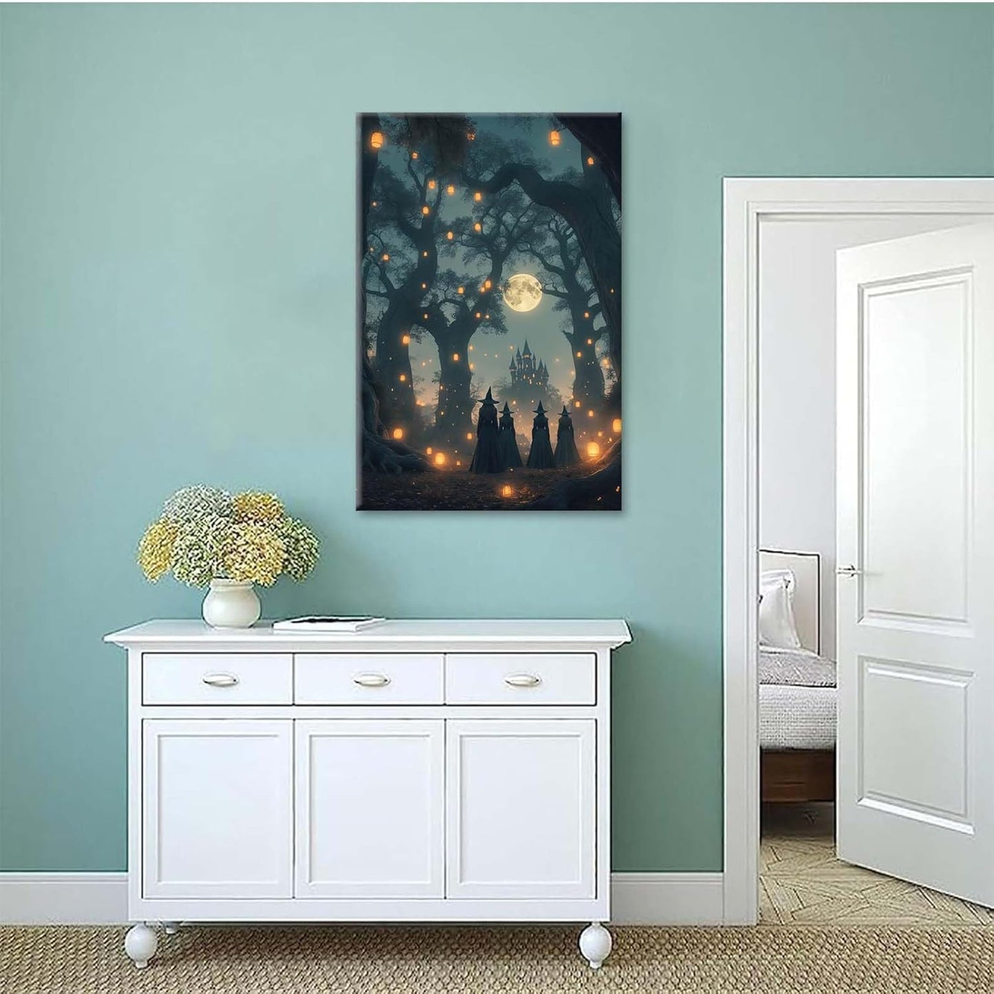 JFHCQJPK Mysterious creek painting witch and castle in magic forest art print canvas gothic print dark college decoration poster for home bedroom8x12in Frameless