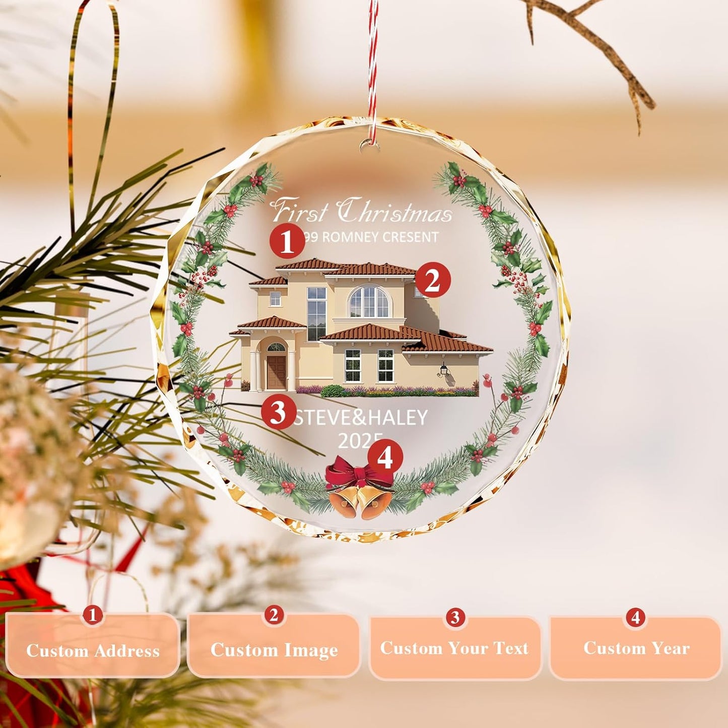 Bemaystar First Christmas in New Home Ornaments 2025āPersonalized Crystal Ornament with Photo and AddressāCustom Housewarming Gift KeepsakeāChristmas Tree Decoration for Couples or Families