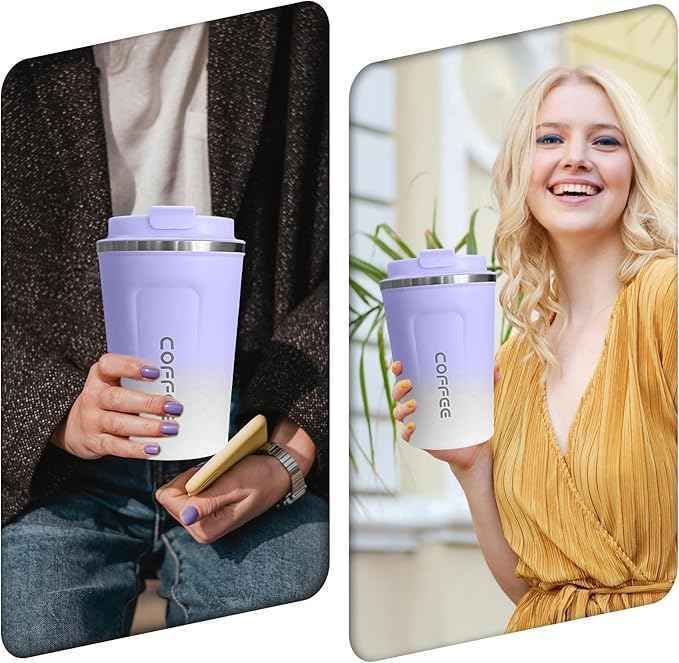 SPLMIFA Travel Coffee Mugs Leak-Proof, Reusable Coffee Cup with Lids, Stainless Steel Vacuum Insulated Coffee Tumblers, Thermal Insulation Cup for Men & Women Hot & Cold Drinks(2nd-Purple White, 17OZ)