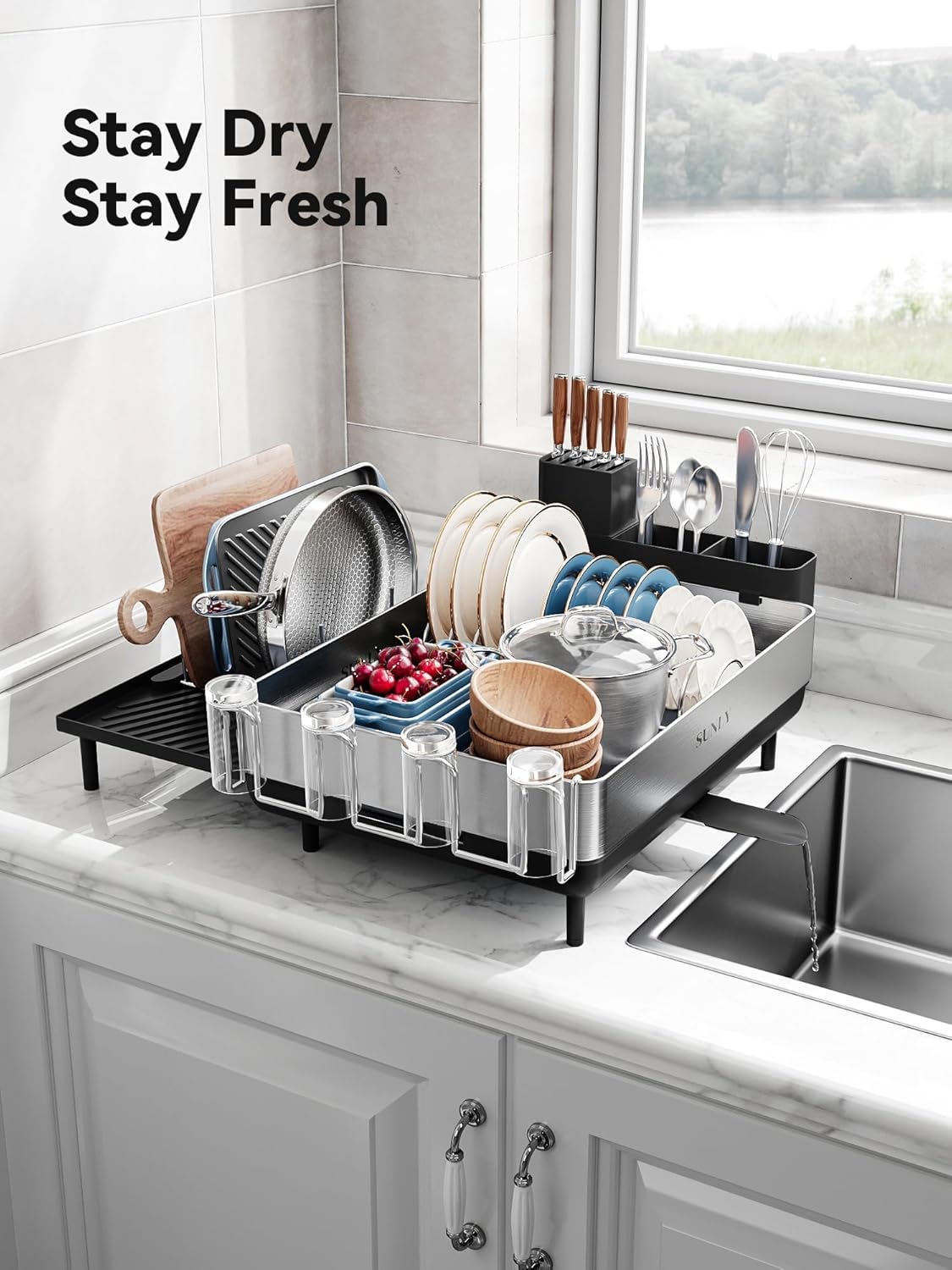 SUNLY Large Dish Drying Rack, Expandable Dish Racks for Kitchen Counter, Space Saving 304 Stainless Steel Drying Rack Kitchen, Extra Large Drainer with Multifunctional Flip Up Pegs, Black