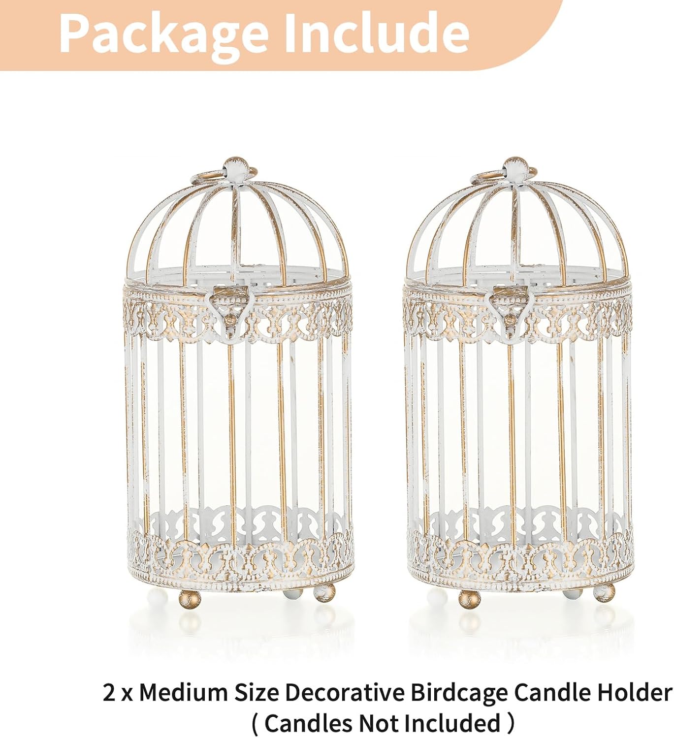 NUPTIO Candle Holders for Pillar Candles: 2 Set of 7.7 inch H Antique White Bird Cages Lantern Wedding Centerpiece Small Metal Hanging Pillars Holder for Bridal Shower Party Table Decorations