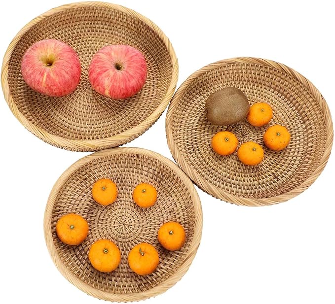 Hipiwe Set of 3 Key Basket Bowl for Entryway Woven Wicker Storage Basket Bowl Round Rattan Serving Basket Tray Fruit Snacks Candy Organizer Bowl for Keys Wallet Cell Phone Home Decor