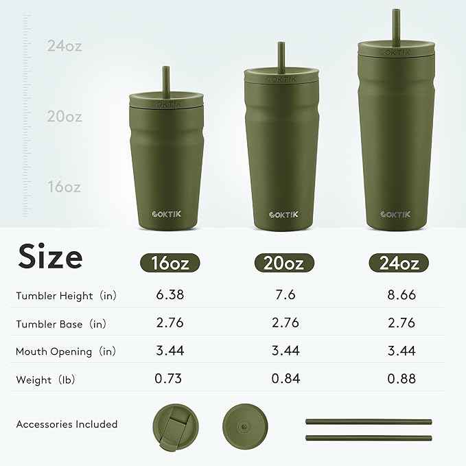COKTIK 20oz Insulated Tumbler with Lid and Straw Iced Coffee Cup Reusable Stainless Steel Travel Mug Water Bottle Cupholder Friendly for Women Men Her Him (Olive)