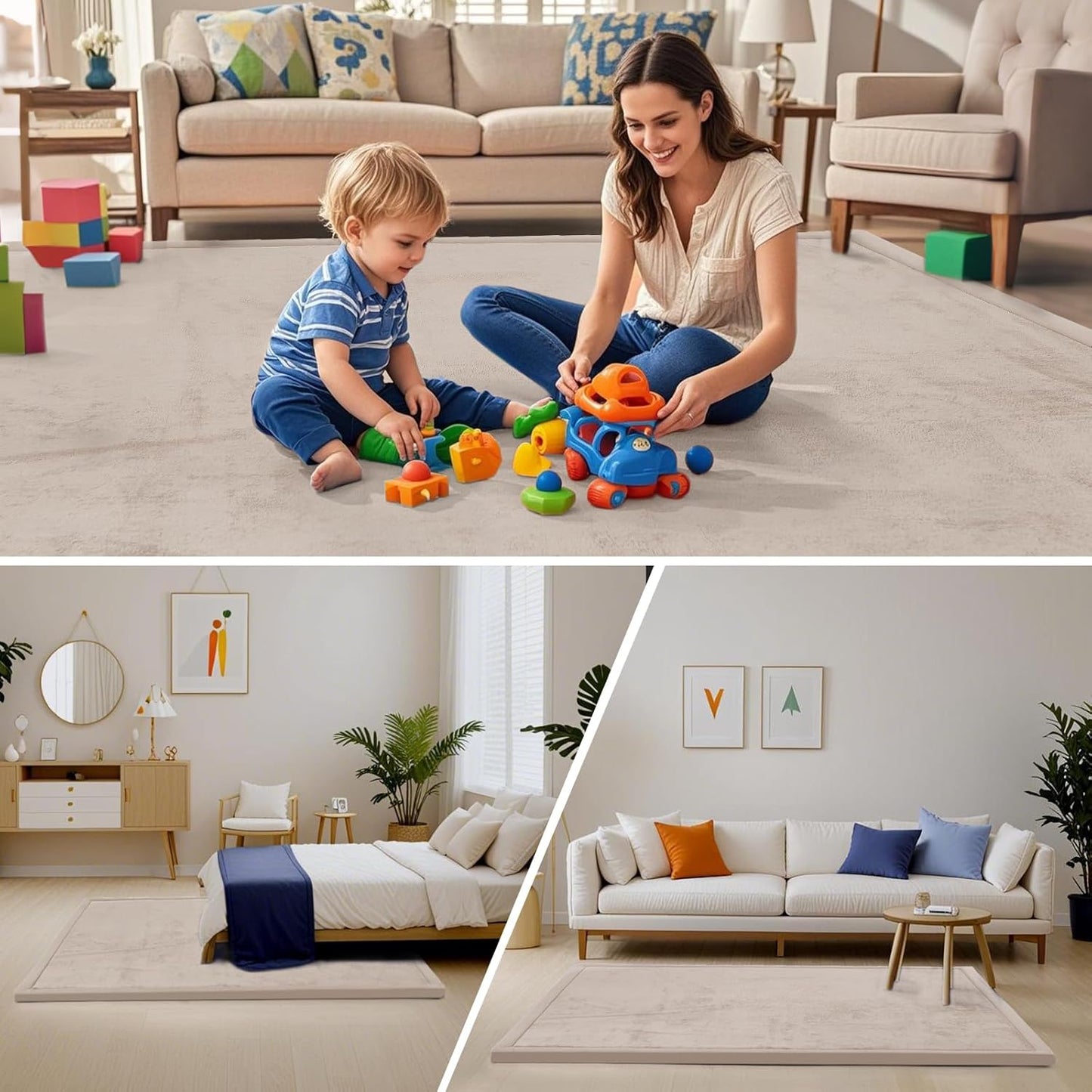 ACOMOPACK Baby Play Mat for Floor,1.3" Thick Memory Foam Area Rug for Living Room,Soft Velvet Crawling with Non-Slip Bottom for Kid,Toddler,59"×71" Tummy Time Nursery Rugs,Yoga(Beige)