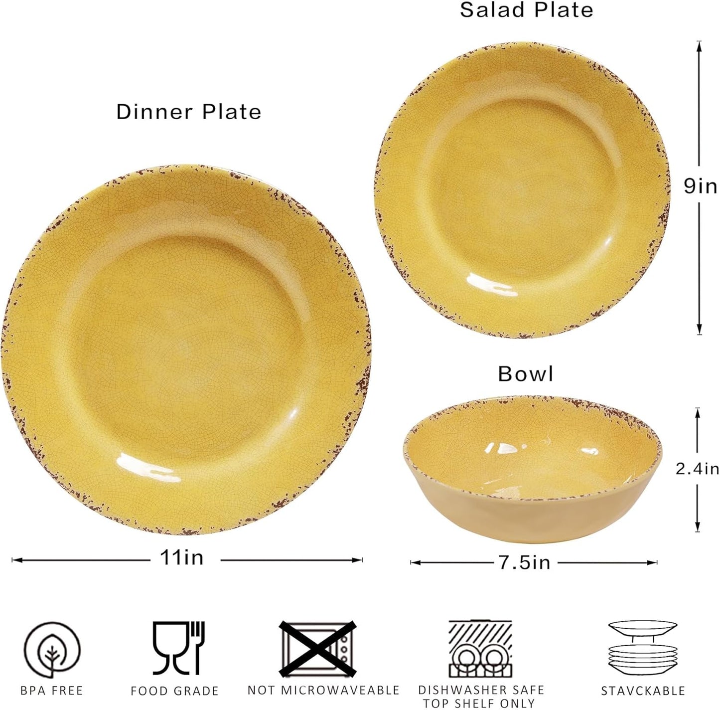 12-Piece Rustic Melamine Dinnerware Set With Dinner Plate, Salad Plate And Large Capacity All Purpose Bowls,Service for 4, Indoor And Outdoor Use, Yellow