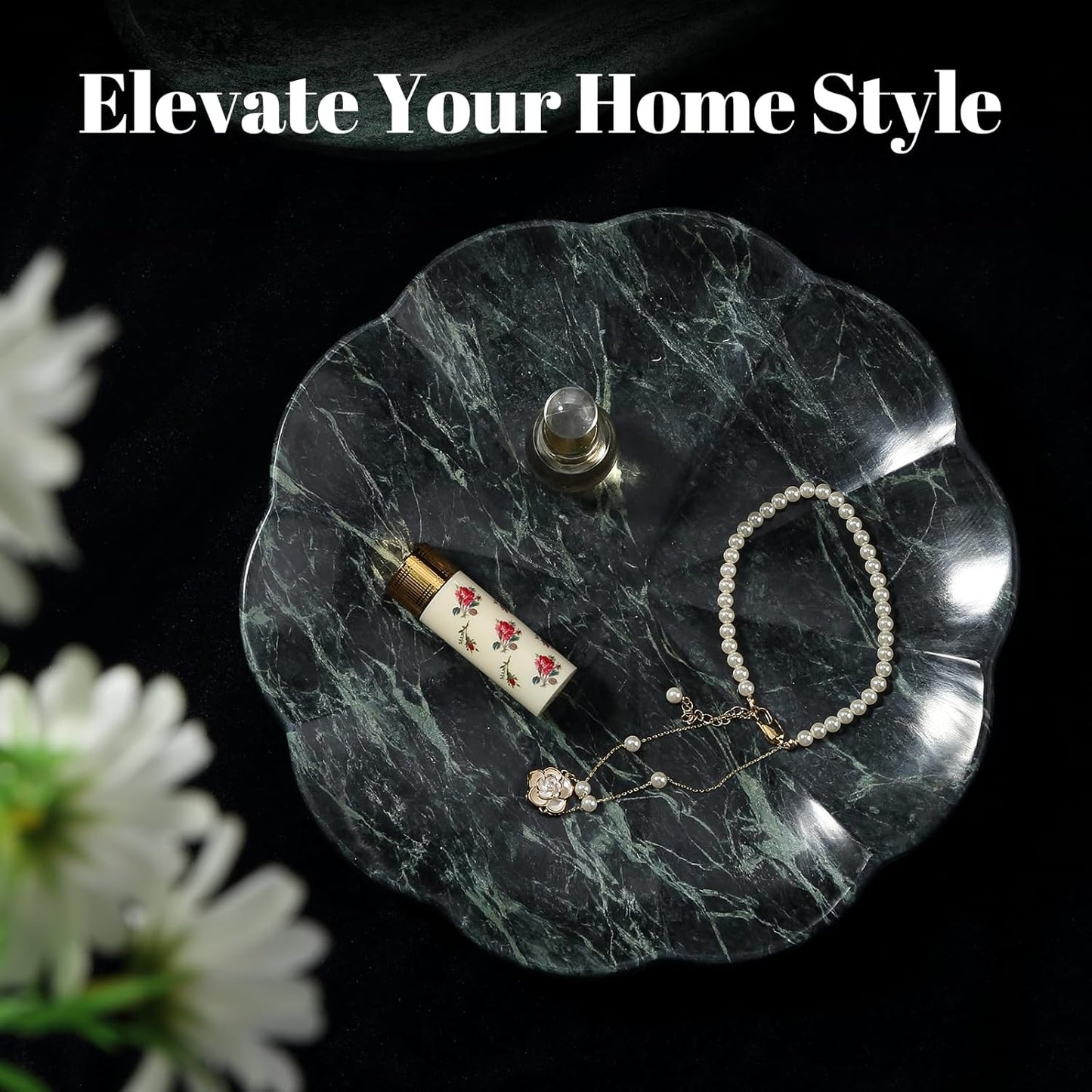 Koville Marble Tray, 8" Round Marble Vanity Tray for Jewelry Trinket Perfume, Natural Stone Tray for Bathroom Kitchen Dresser Countertop, Scalloped Decorative Tray for Home Table Decor(Green)