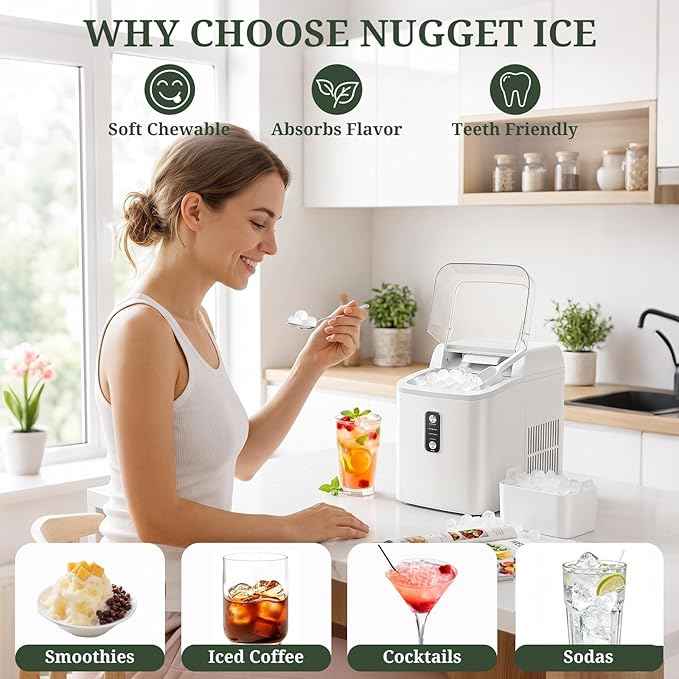 Nugget Ice Maker Countertop, 6-Min Fast Chewable Pellet Ice, 24lbs/24H Portable Ice Machine with Self-Cleaning, Ice Full & Low Water Indicator, Basket & Scoop for Home, Party, RV, Camping (White)