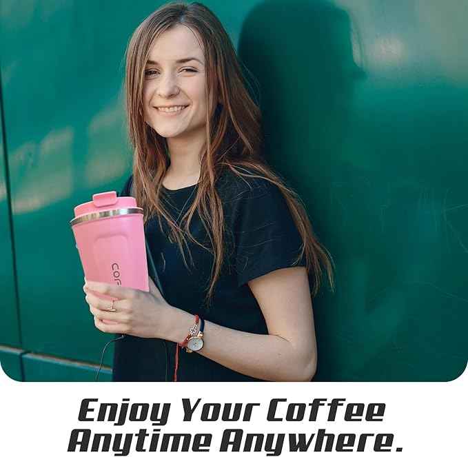 SPLMIFA Travel coffee mugs leak-proof, reusable coffee cups with lids, stainless steel vacuum insulated coffee tumblers, thermal insulation cups for men & women keep drinks hot & cold(2nd-Pink, 12OZ)