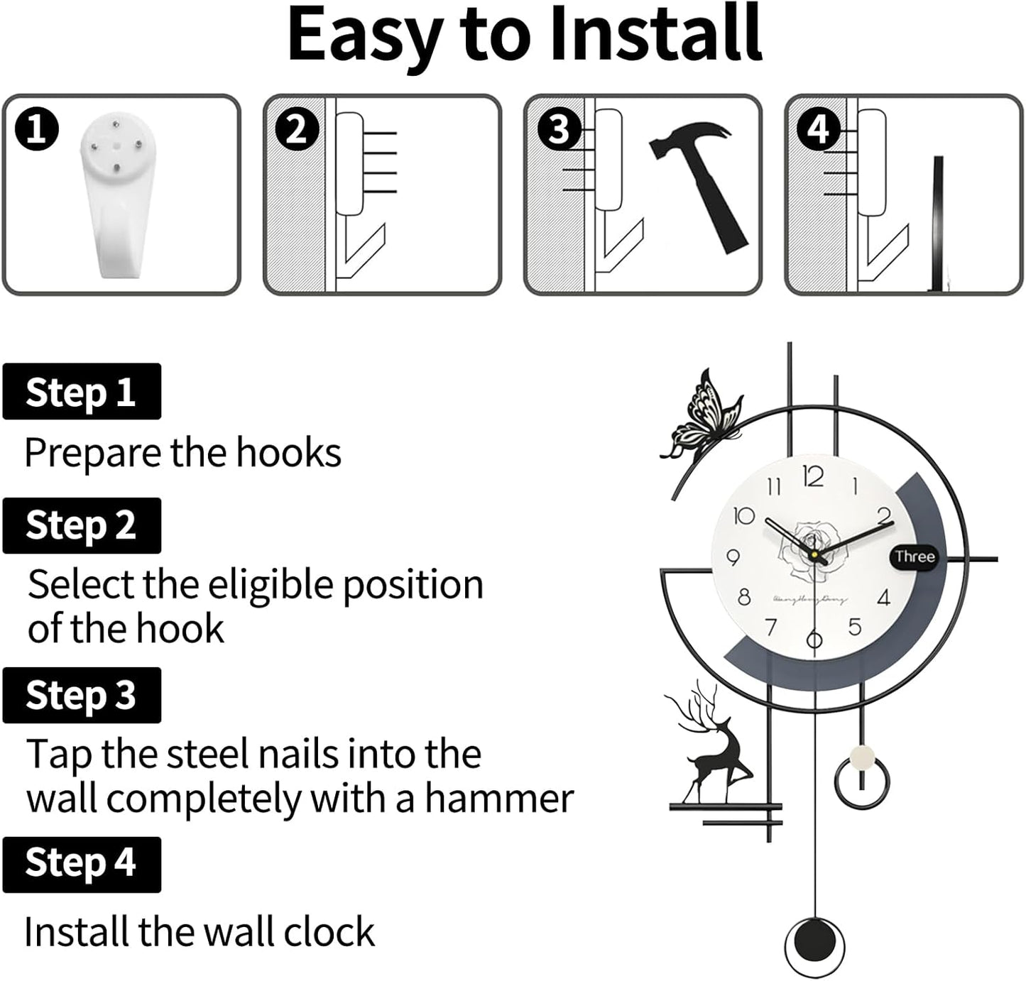 Modern Wall Clock, Large Wall Clocks for Living Room Decor, 3D Silent Clock Wall Decor, Battery Operated, Non Ticking Wall Clock for Bedroom Office Kitchen Decoration (Black White, 17.7X33.5 Inch)