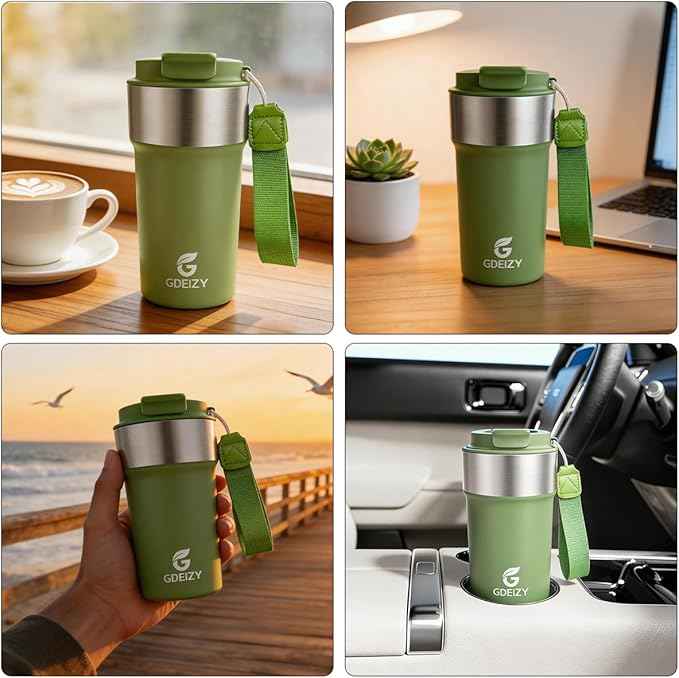 Insulated Coffee Mug, 17oz Stainless Steel Travel Mug with Flip-Top Straw Lid, Leak Proof Vacuum Insulated Tumbler, Reusable Coffee Cup for Hot & Cold Drinks, Avocado Green