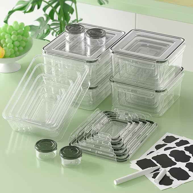 KEMETHY 44-Piece Food Storage Containers with Lids(22 Containers & 22 Lids), Plastic Food Containers for Pantry & Kitchen Storage and Organization, BPA-Free, Leak Proof, Reusable with Labels & Pen