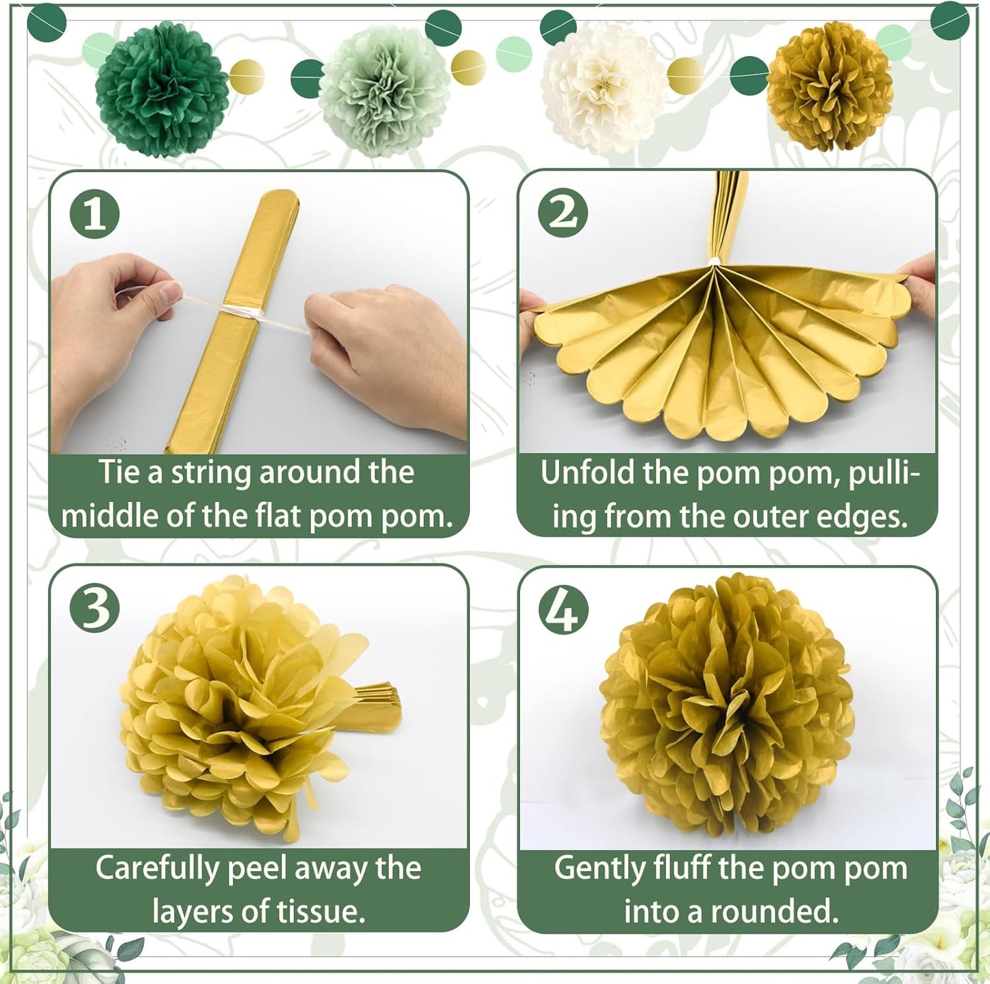 Green Wedding Party Decorations Set, 16 PCS Tissue Paper Pom Poms, Dots Paper Garland for Engagement, Green Boho Wedding, St. Patrick's Day Party, Baby Shower Party Decor