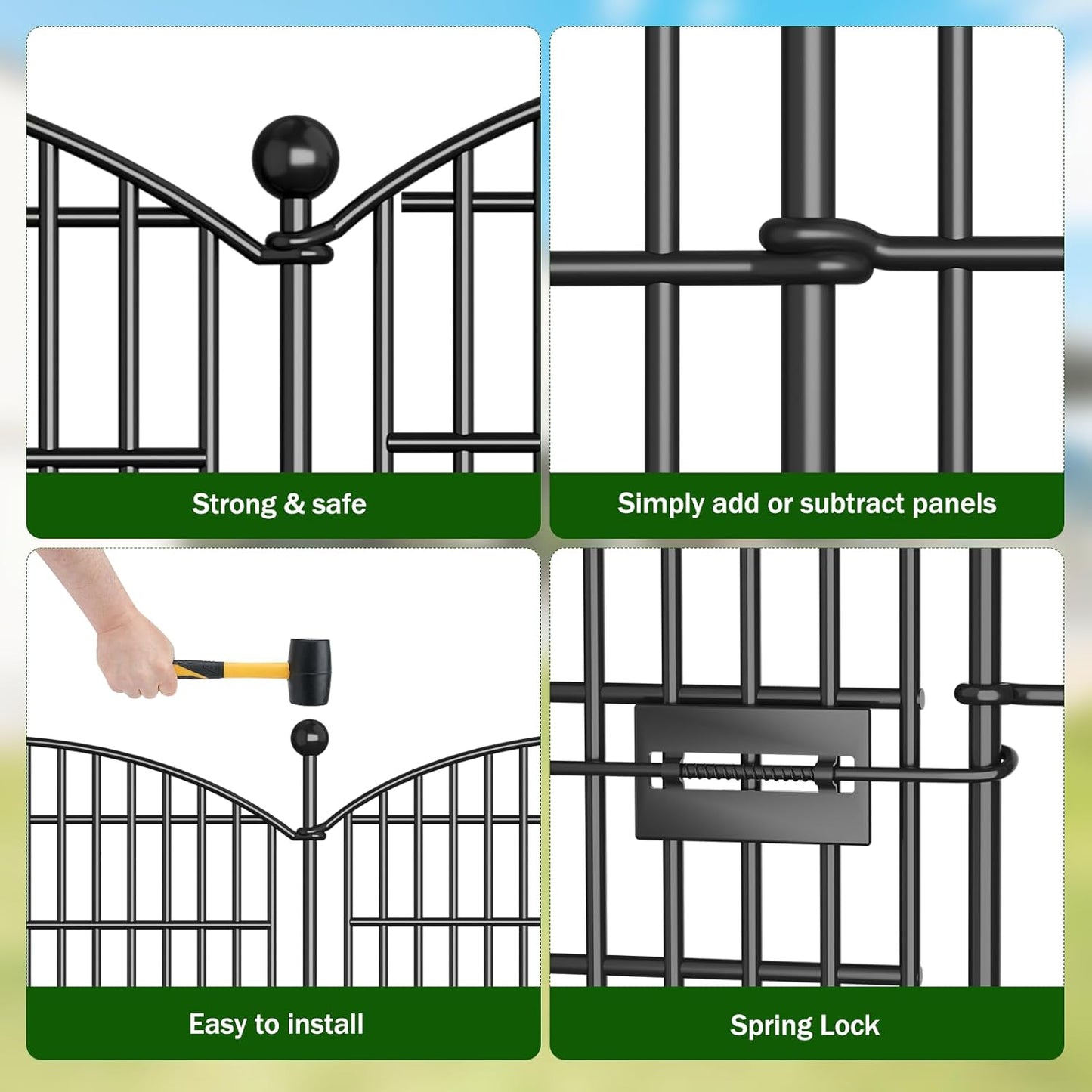 Decorative Garden Fence with Gate, 5 Panels - 32 in (H) x 11.8 ft (L) No Dig Dog Fence Outdoor for Yard, Rustproof Tall Garden Fencecing Panels, Animal Barrier Suitable for Yard Border, Patio