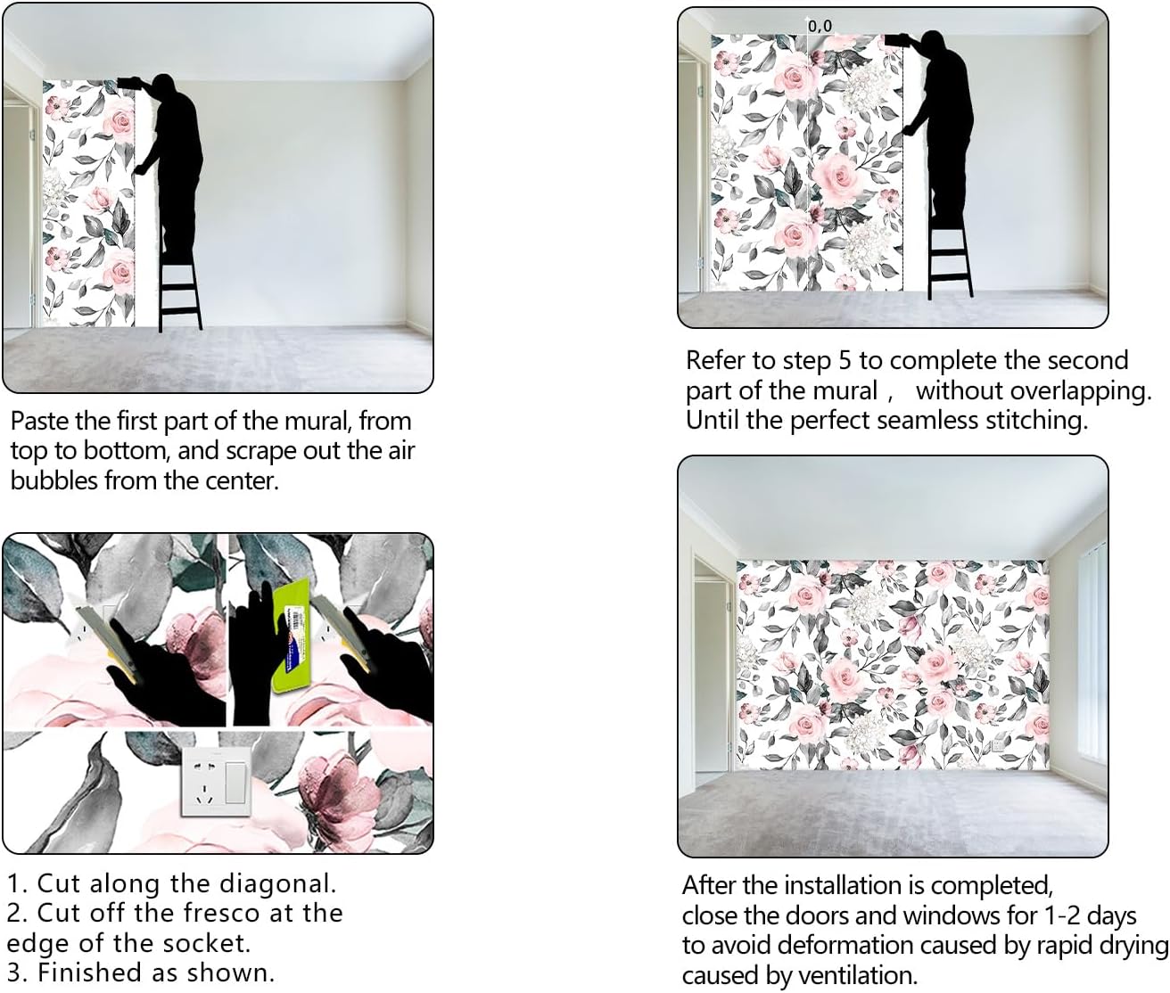 Grey Leaf Pink Flowers Mural Bedroom Floral Wallpaper Room Decor Living Room tv Background Large Wall Mural - 91"x65" (Not Peel and Stick)