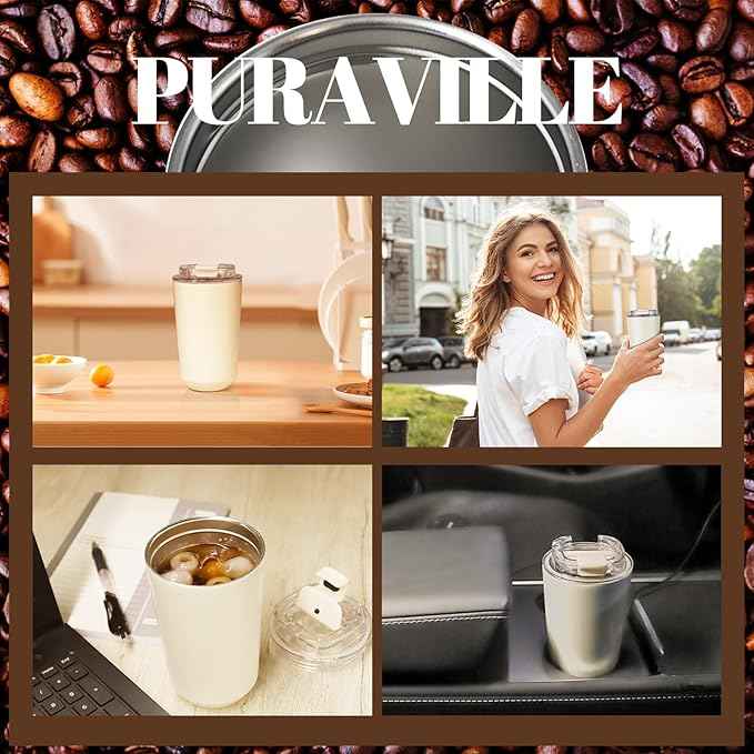 Puraville Insulated Tumblers with Lid, 10 oz Travel Coffee Mug Stainless Steel Vacuum Cup, Leak Proof Reusable Double Walled Coffee Tumbler for Iced and Hot Drinks, Cream