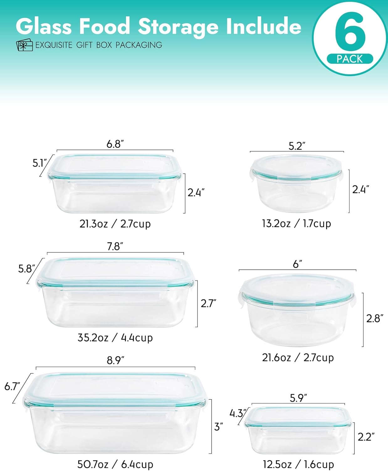 6-Pack Borosilicate Glass Food Storage Containers Set with Airtight Lids - Oven, Microwave & Freezer Safe, Leak-Proof, BPA-Free - Baking, Meal Prep & Gift Ready