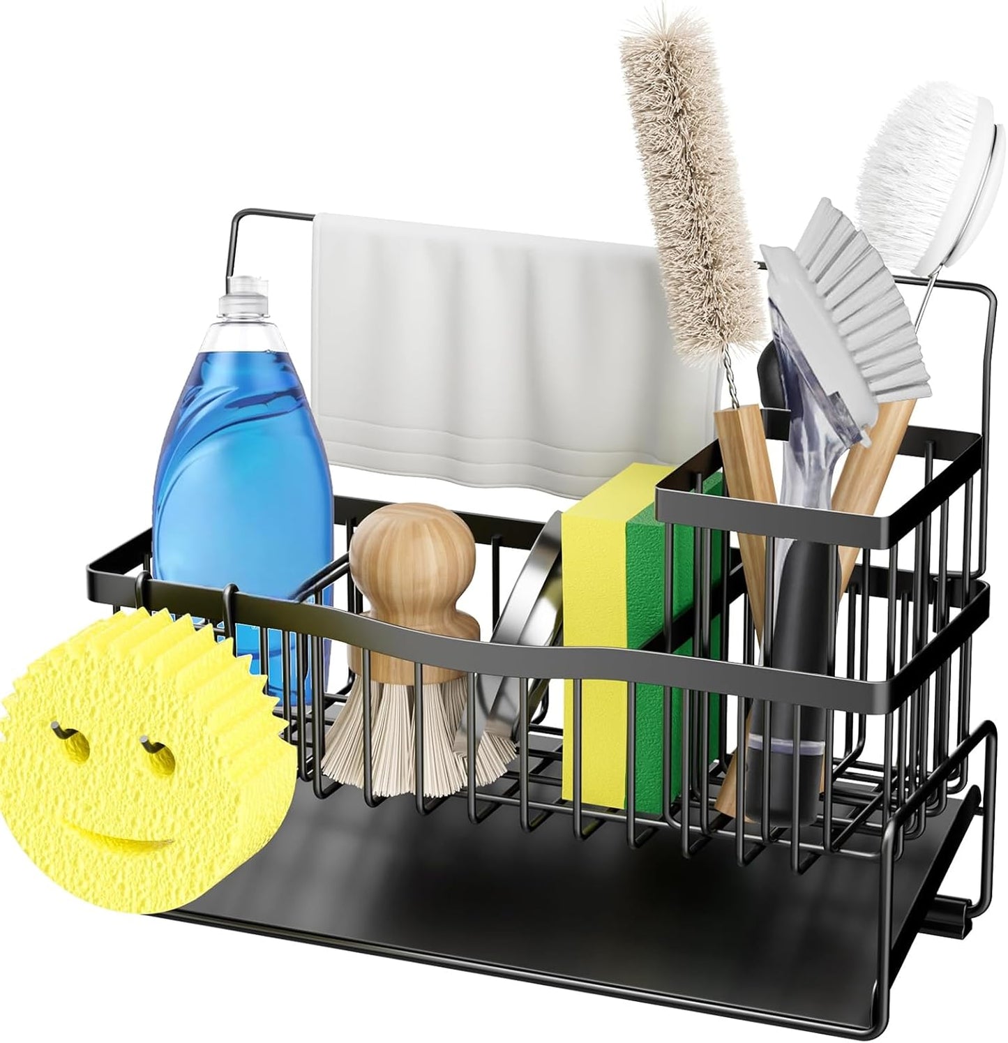Sponge Holder for Kitchen Sink 304 Stainless Steel Self-Draining Sink Caddy with Smiley Face Sponge and Brush Holder Towel Bar and Divider Kitchen Gadgets Organizer for Countertop, Black