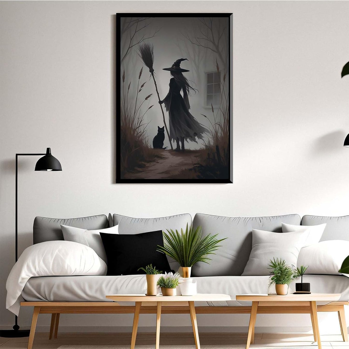 JFHCQJPK Vintage forest witch and black cat poster Halloween mural poster decoration mural art magic suitable for home living room bedroom12x16in Metal blackFramed