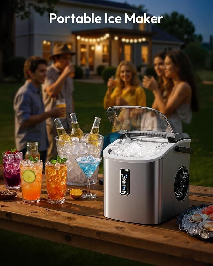 EUHOMY Ice Maker Countertop, 9 Cubes Ready in 6 Mins, 26lbs/24H, Self-Cleaning, Portable Ice Maker Machine with Carry Handle, Basket and Scoop, 2 Sizes of Bullet Ice for Home, Kitchen, Office
