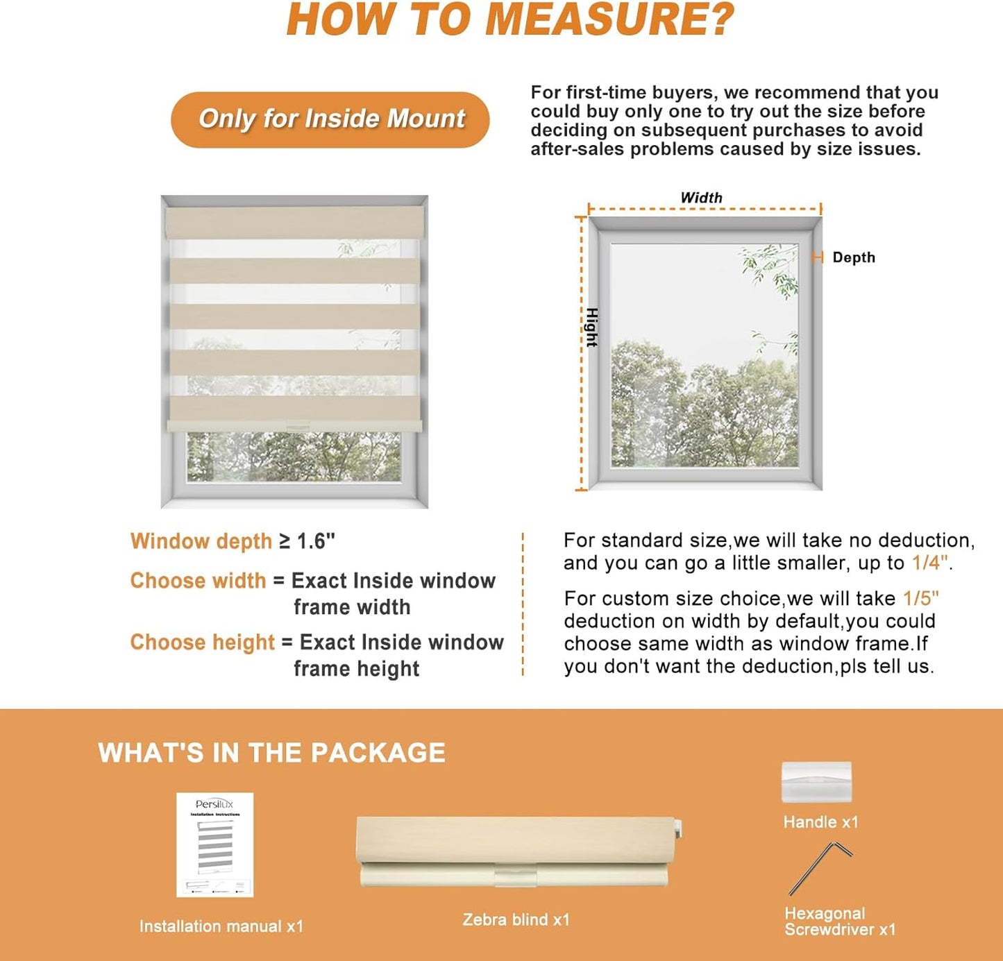 Persilux No Drill No Tool Zebra Blinds Dual Layer Privacy for Day and Night Window Blinds Light Filtering Cordless Shades for Windows,Easy to Install Thermal Insulated,Beige,61" W x 48" H