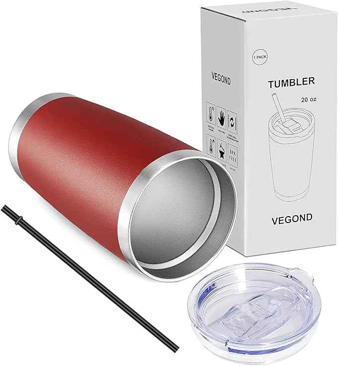 VEGOND 20oz Tumbler with Lid and Straw Stainless Steel Tumbler Cup Vacuum Insulated Double Wall Travel Coffee Mug Powder Coated Coffee Cup, Red, 1 Pack