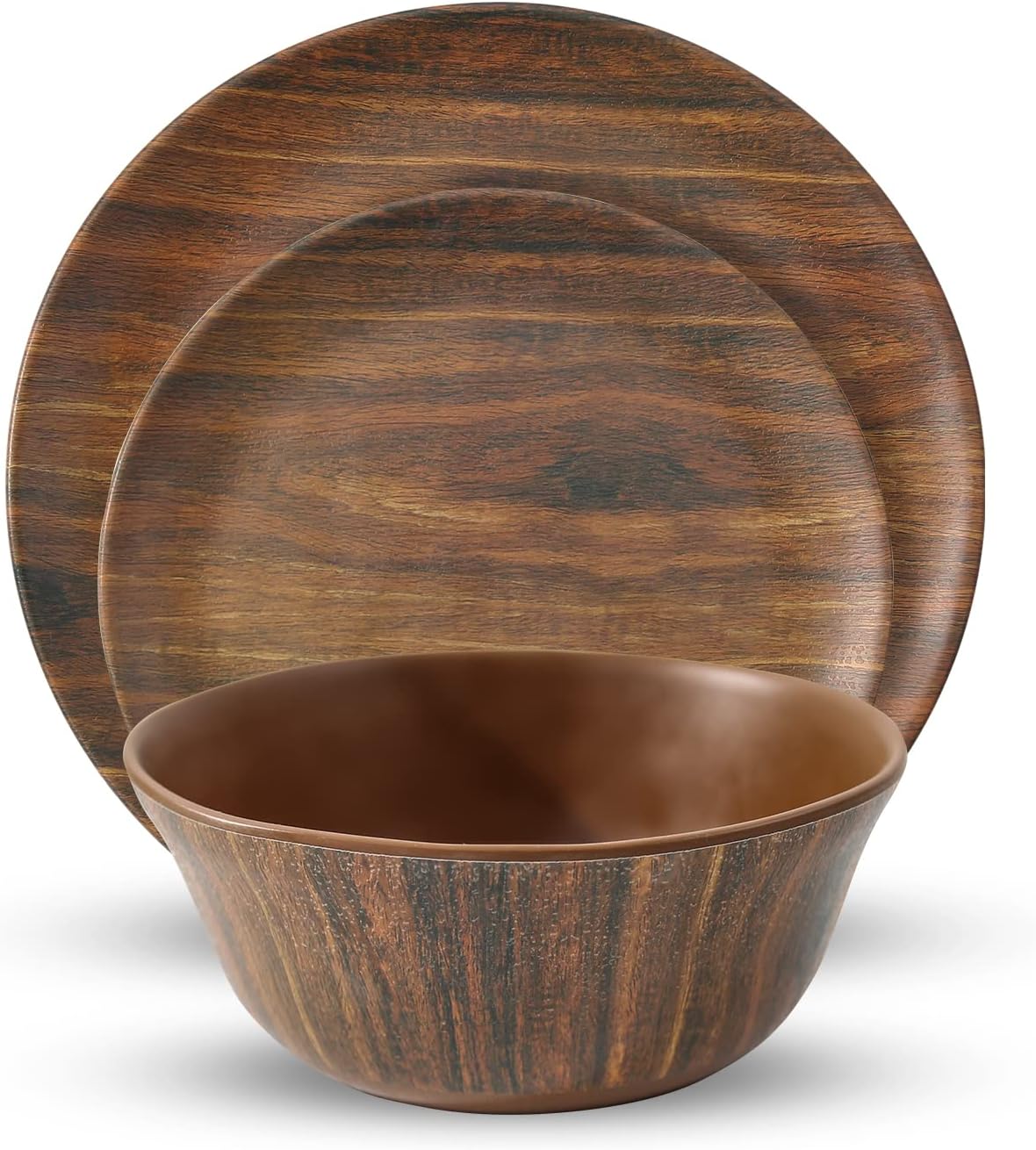 TP 12-Piece Melamine Dinnerware Sets, Plates and Bowls Dishes Set for 4, Break-Resistant & Non-Microwavable, Lightweight Dinner Plates, Wood Grain