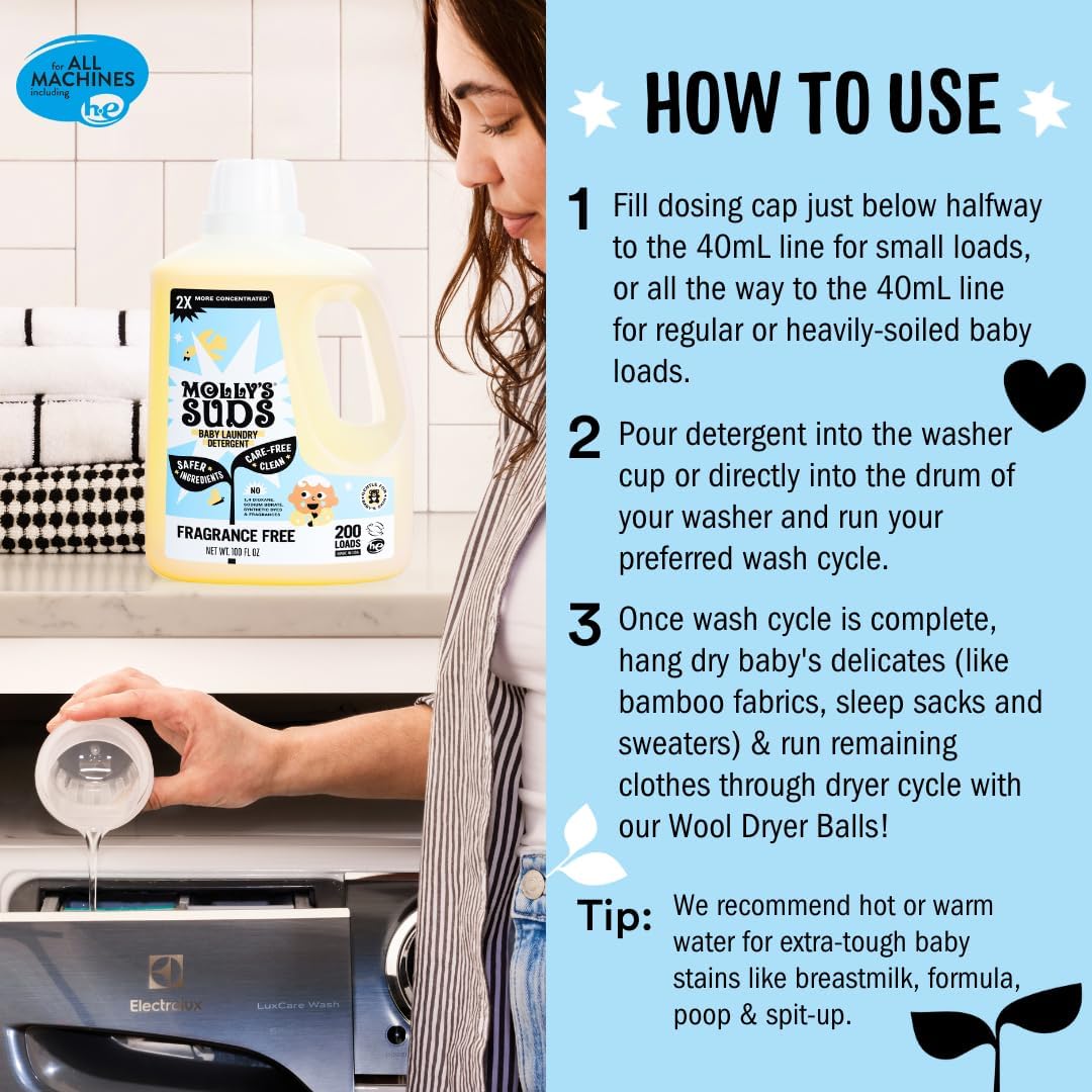 Molly's Suds Baby Liquid Laundry Detergent | Removes Formula, Poop & Spit-Up Stains | Extra Gentle for Infants, Babies, Toddlers (Fragrance Free, 200 Loads)