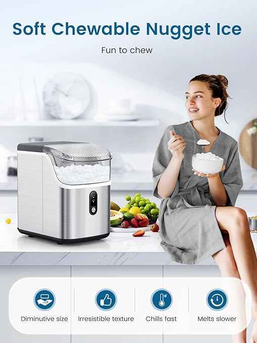 COWSAR Nugget Ice Makers Countertop Soft Chewable Pellet Ice Machine with Auto-Cleaning Function, 34Lbs/24H, Portable Ice Makers for Kitchen, Office, Home,Silver
